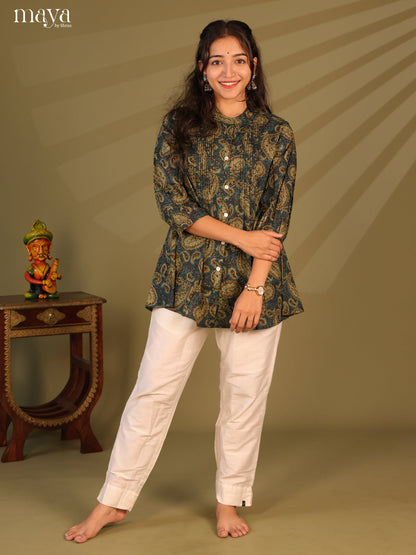 Floral Printed Blue Cotton Short Kurti - Shop on Shrus.com