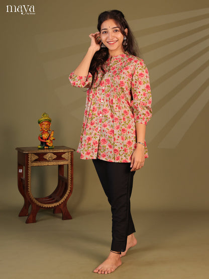 Floral Printed Grey Cotton Short Kurti - Shop on Shrus.com