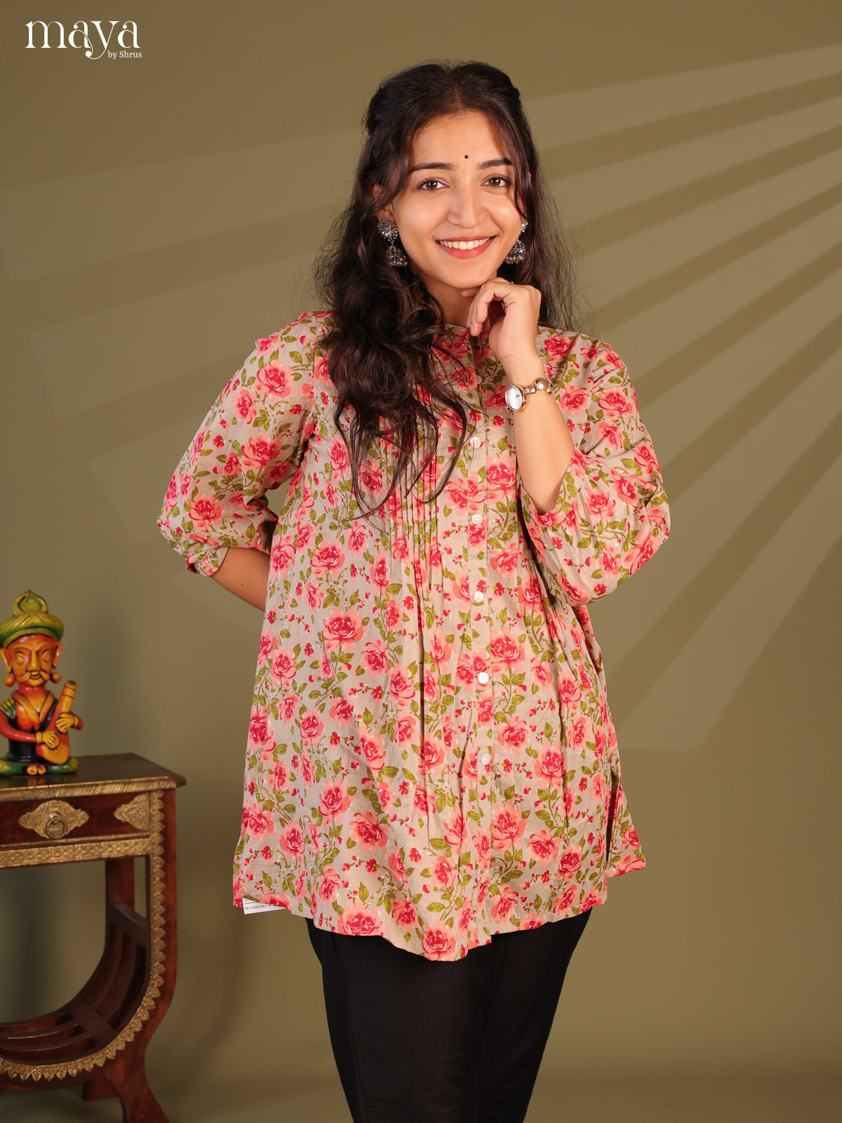 Floral Printed Grey Cotton Short Kurti - Shop on Shrus.com