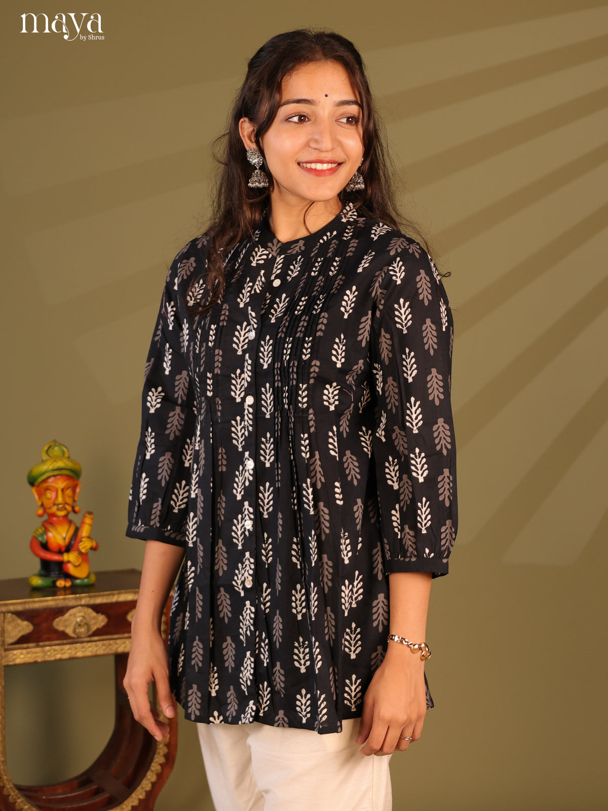 Floral Printed Black Cotton Short Kurti - Shop on Shrus.com
