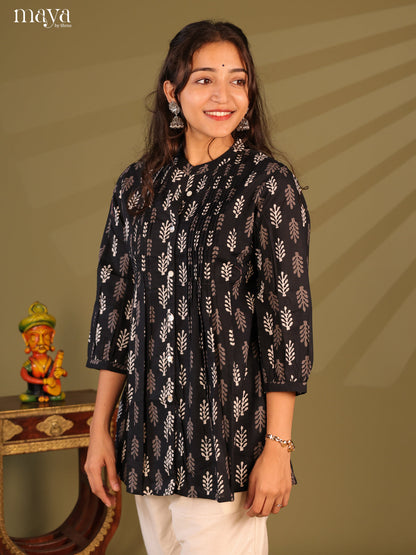 Floral Printed Black Cotton Short Kurti - Shop on Shrus.com