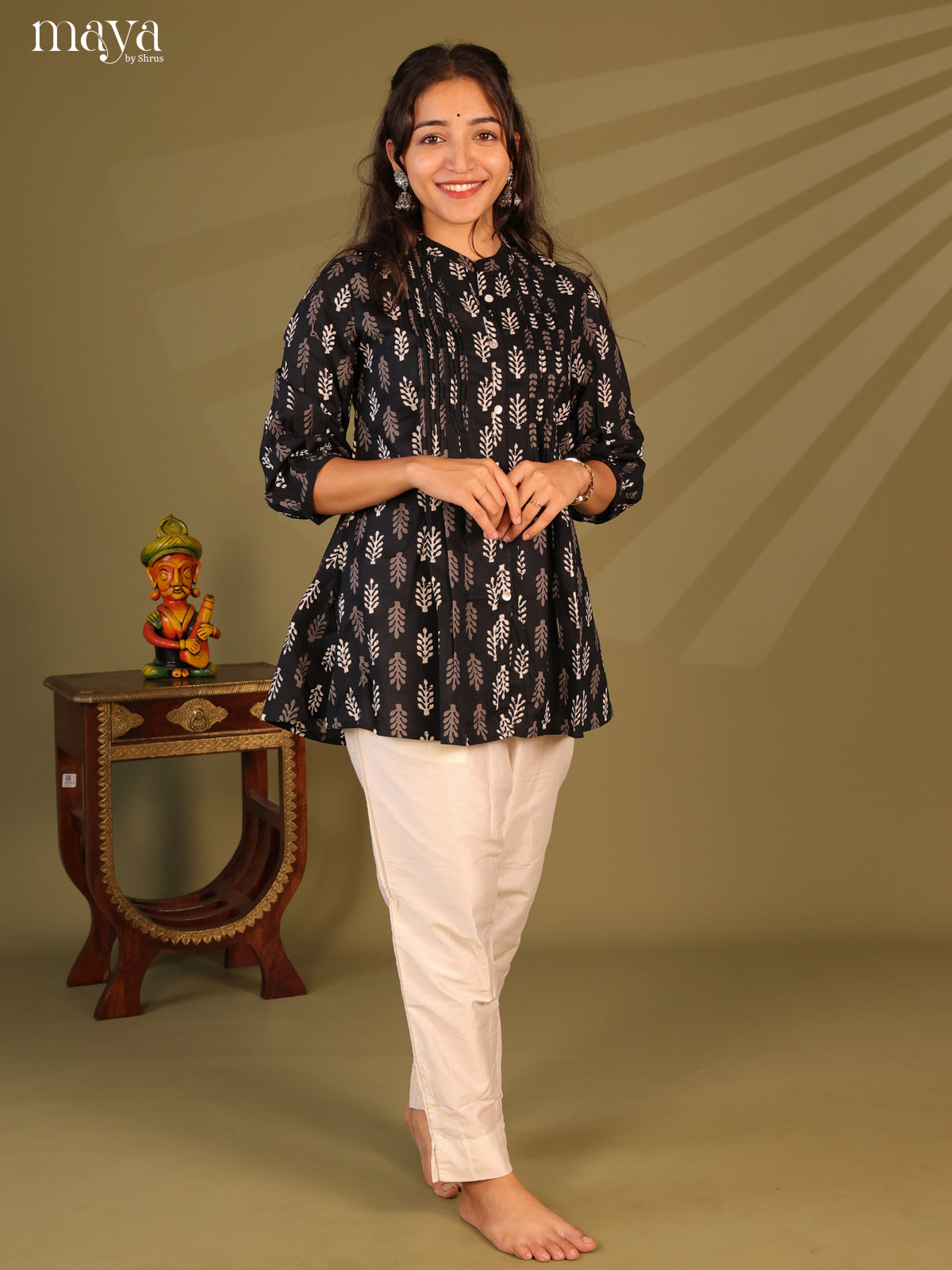 Floral Printed Black Cotton Short Kurti - Shop on Shrus.com