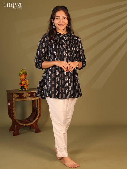 Floral Printed Black Cotton Short Kurti - Shop on Shrus.com