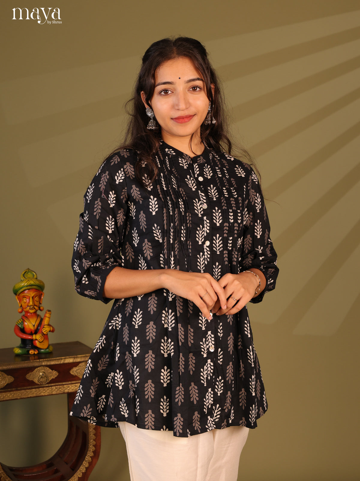Floral Printed Black Cotton Short Kurti - Shop on Shrus.com