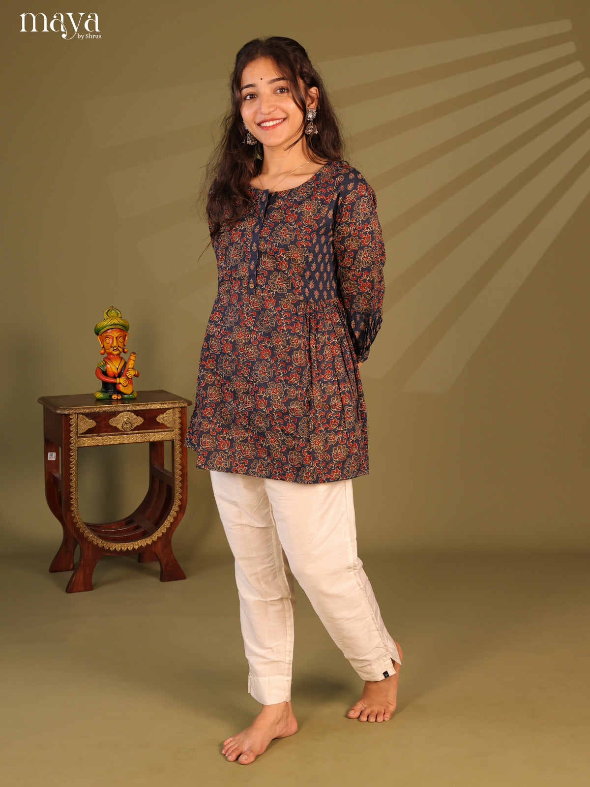 Floral Printed Blue Cotton Short Kurti - Shop on Shrus.com