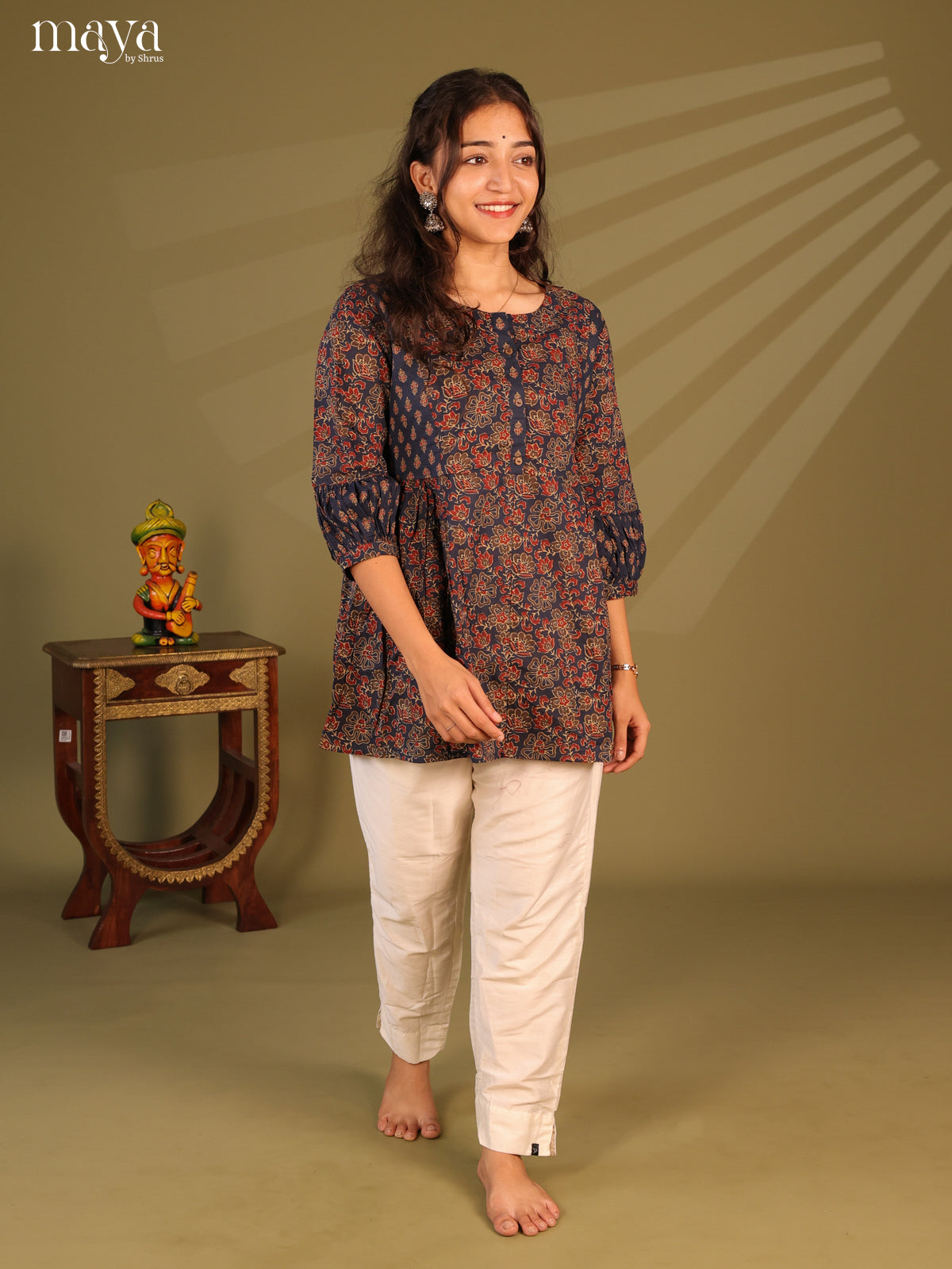 Floral Printed Blue Cotton Short Kurti - Shop on Shrus.com