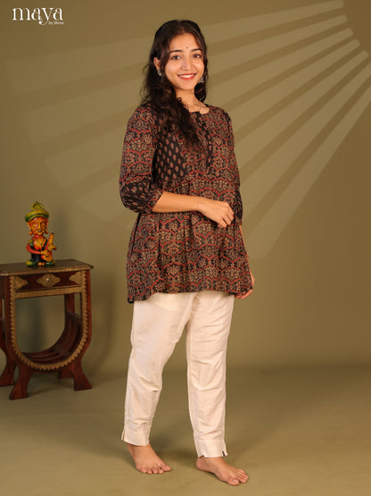 Floral Printed Black Cotton Short Kurti - Shop on Shrus.com