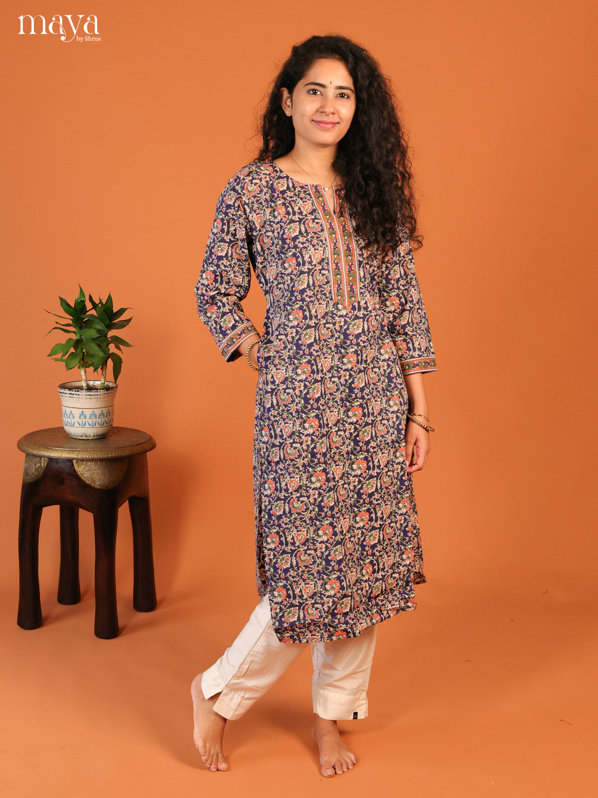 Blue Floral Printed Cotton Kurti - Shop on Shrus.com