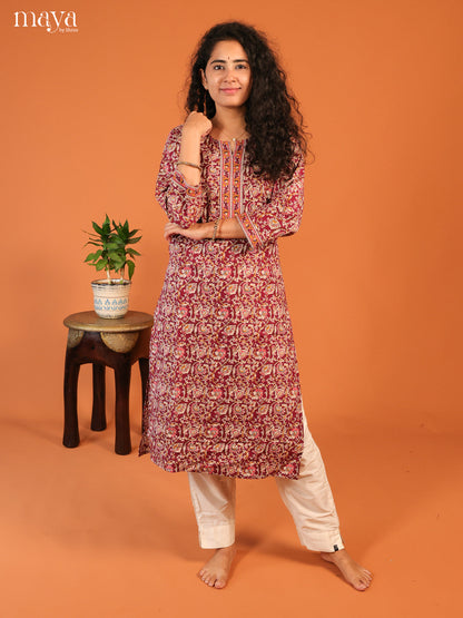 Maroon Floral Printed Cotton Kurti - Shop on Shrus.com