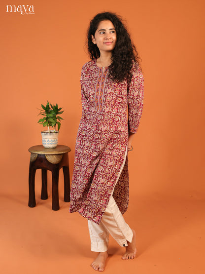 Maroon Floral Printed Cotton Kurti - Shop on Shrus.com