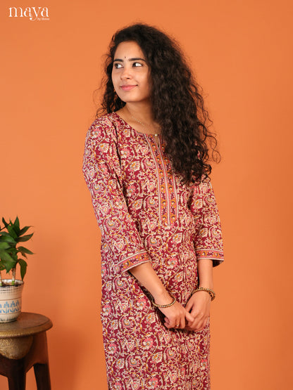 Maroon Floral Printed Cotton Kurti - Shop on Shrus.com