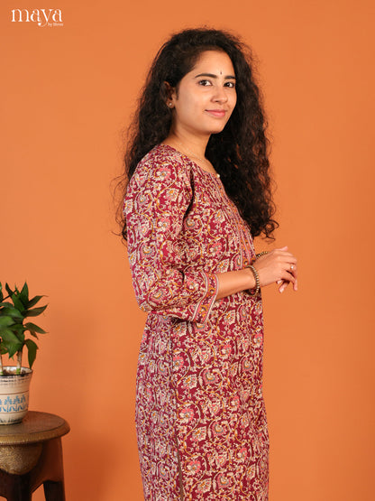 Maroon Floral Printed Cotton Kurti - Shop on Shrus.com