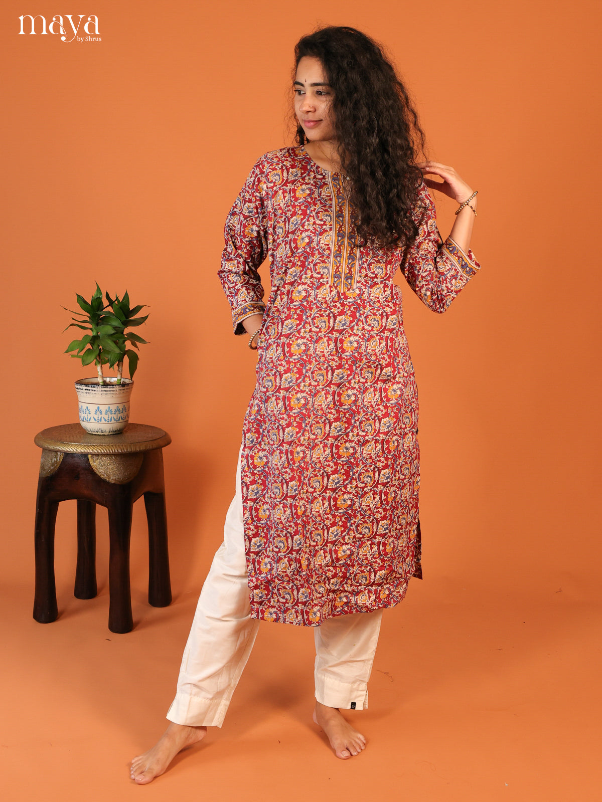 Maroon Floral Printed Cotton Kurti - Shop on Shrus.com