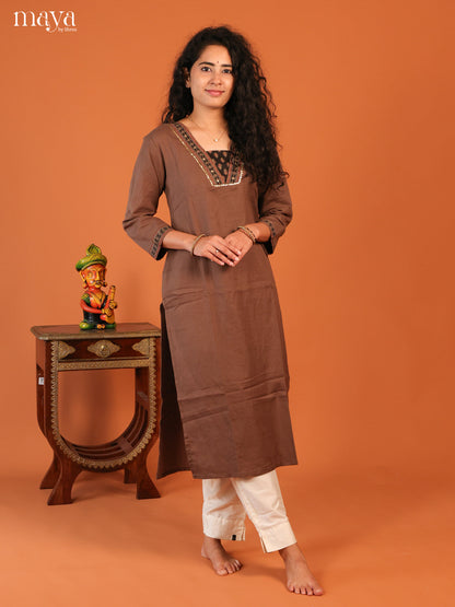 Floral Printed Browm Cotton Kurti - Shop on Shrus.com