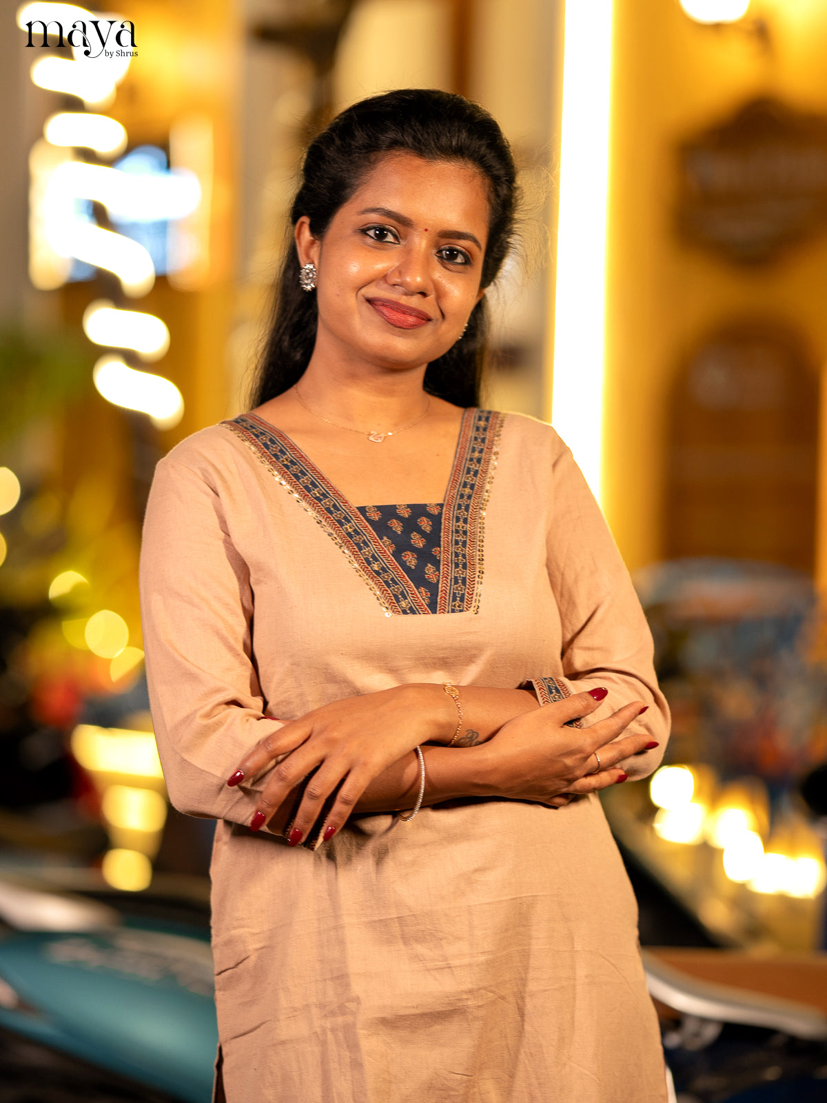 Floral Printed Beige Cotton Kurti - Shop on Shrus.com