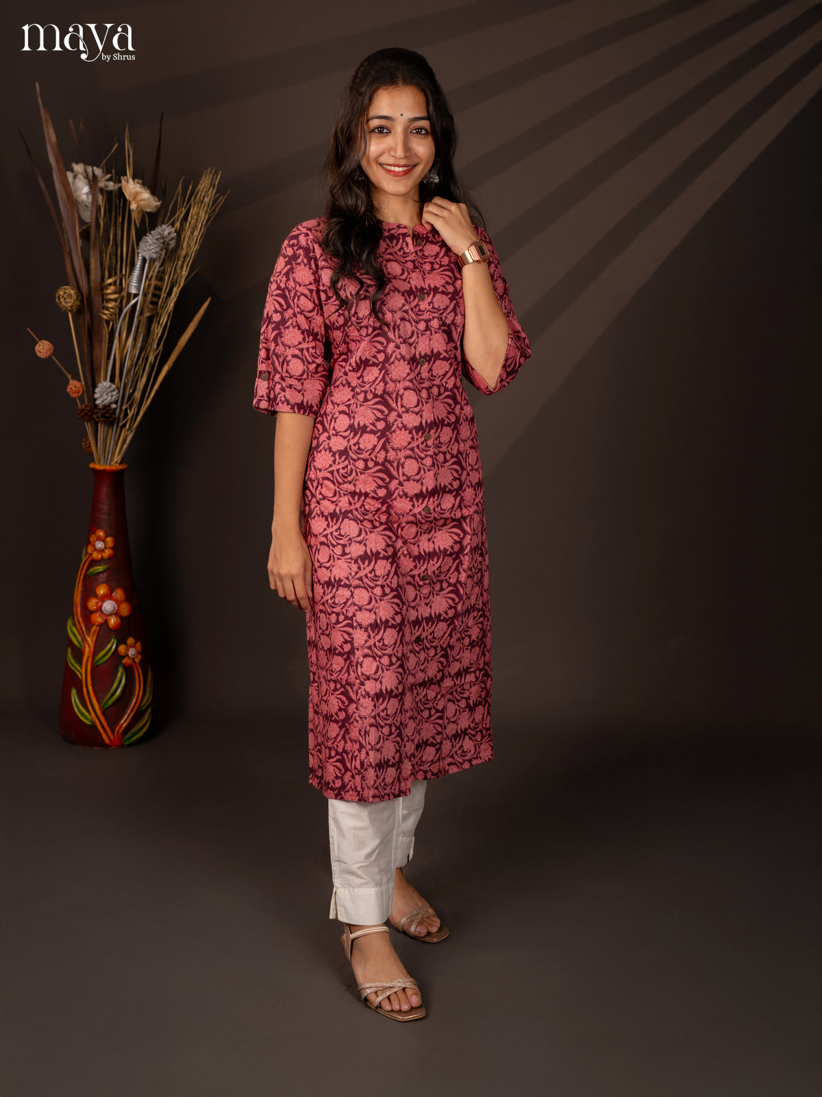 Wine Floral Printed Cotton Kurti - Shop on Shrus.com