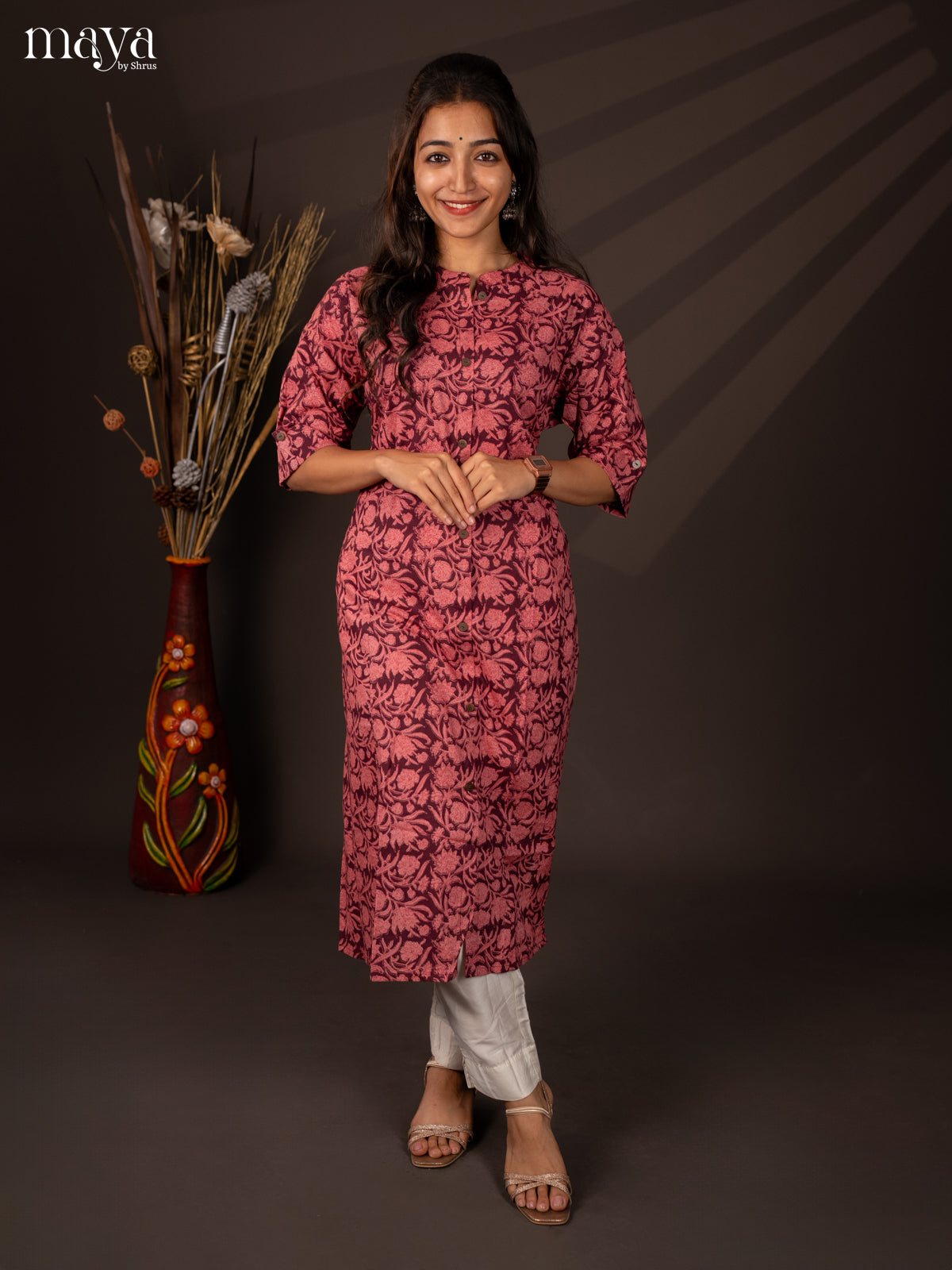 Wine Floral Printed Cotton Kurti - Shop on Shrus.com