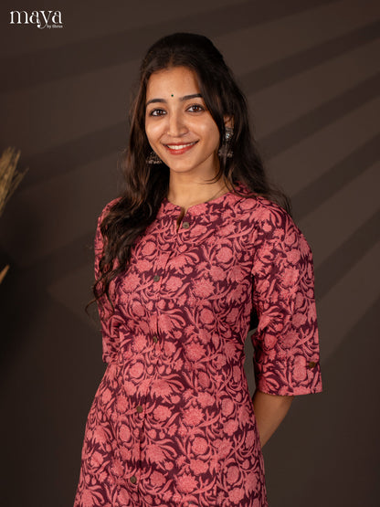 Wine Floral Printed Cotton Kurti - Shop on Shrus.com