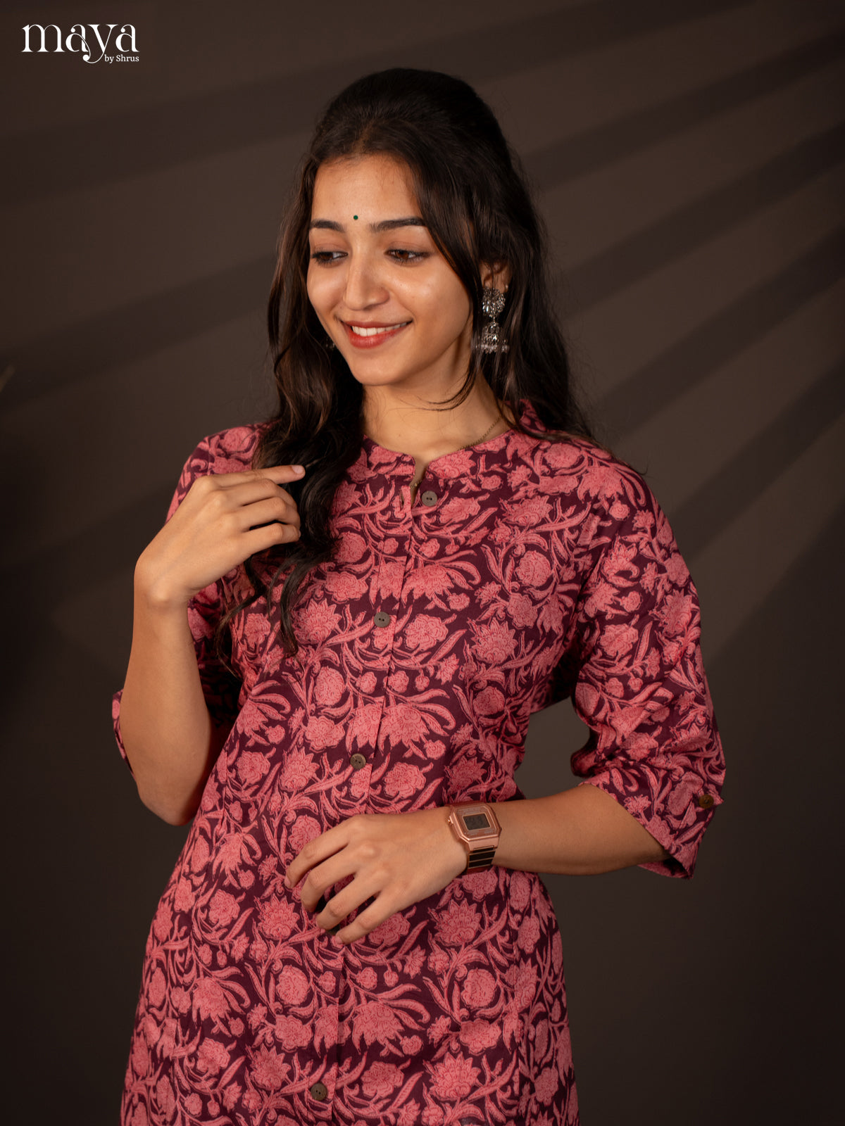 Wine Floral Printed Cotton Kurti - Shop on Shrus.com