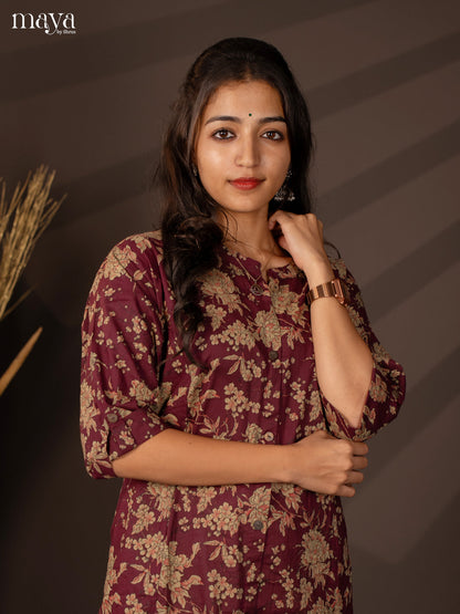 Wine Floral Printed Cotton Kurti - Shop on Shrus.com