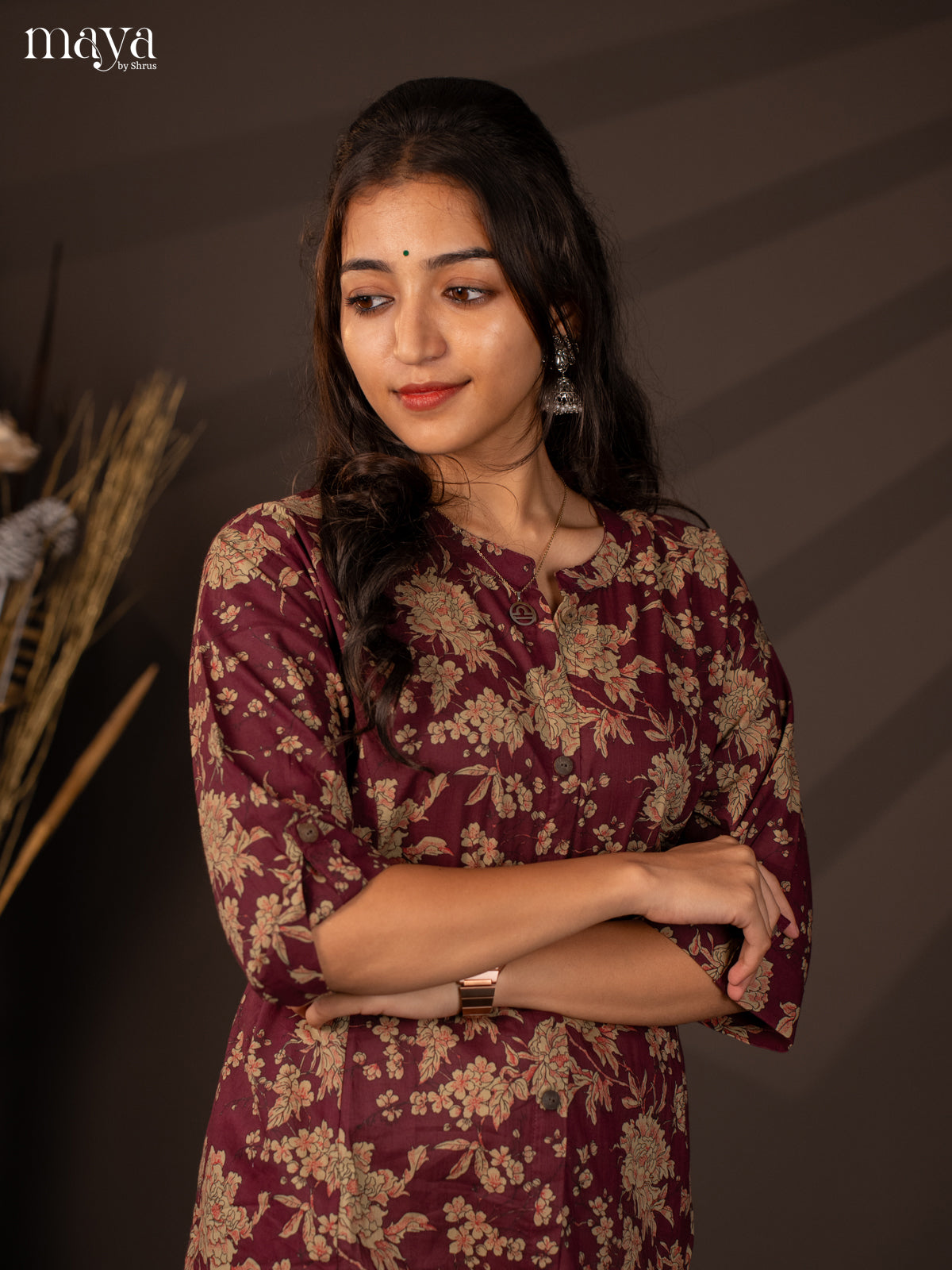 Wine Floral Printed Cotton Kurti - Shop on Shrus.com