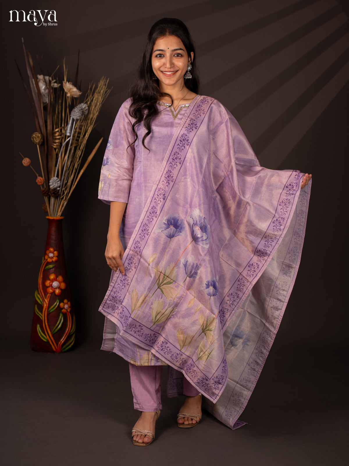 Lavender Chanderi 3Pc Salwar Suit with Floral Print - Top, Bottom & Dupatta - Shop on Shrus.com