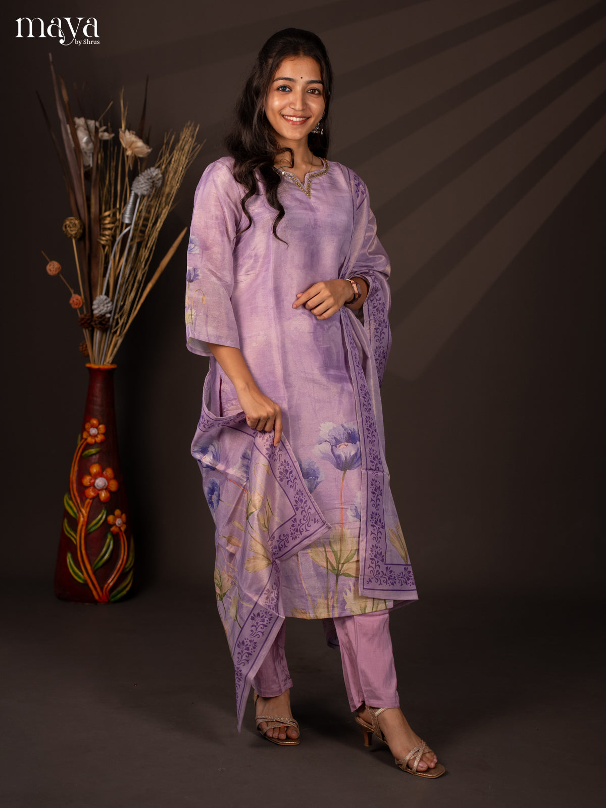 Lavender Chanderi 3Pc Salwar Suit with Floral Print - Top, Bottom & Dupatta - Shop on Shrus.com