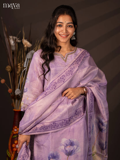 Lavender Chanderi 3Pc Salwar Suit with Floral Print - Top, Bottom & Dupatta - Shop on Shrus.com
