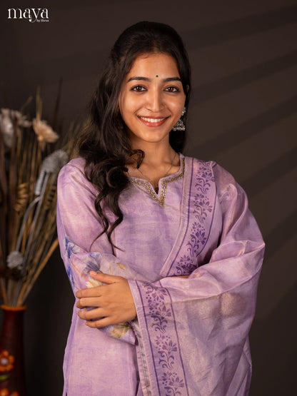 Lavender Chanderi 3Pc Salwar Suit with Floral Print - Top, Bottom & Dupatta - Shop on Shrus.com