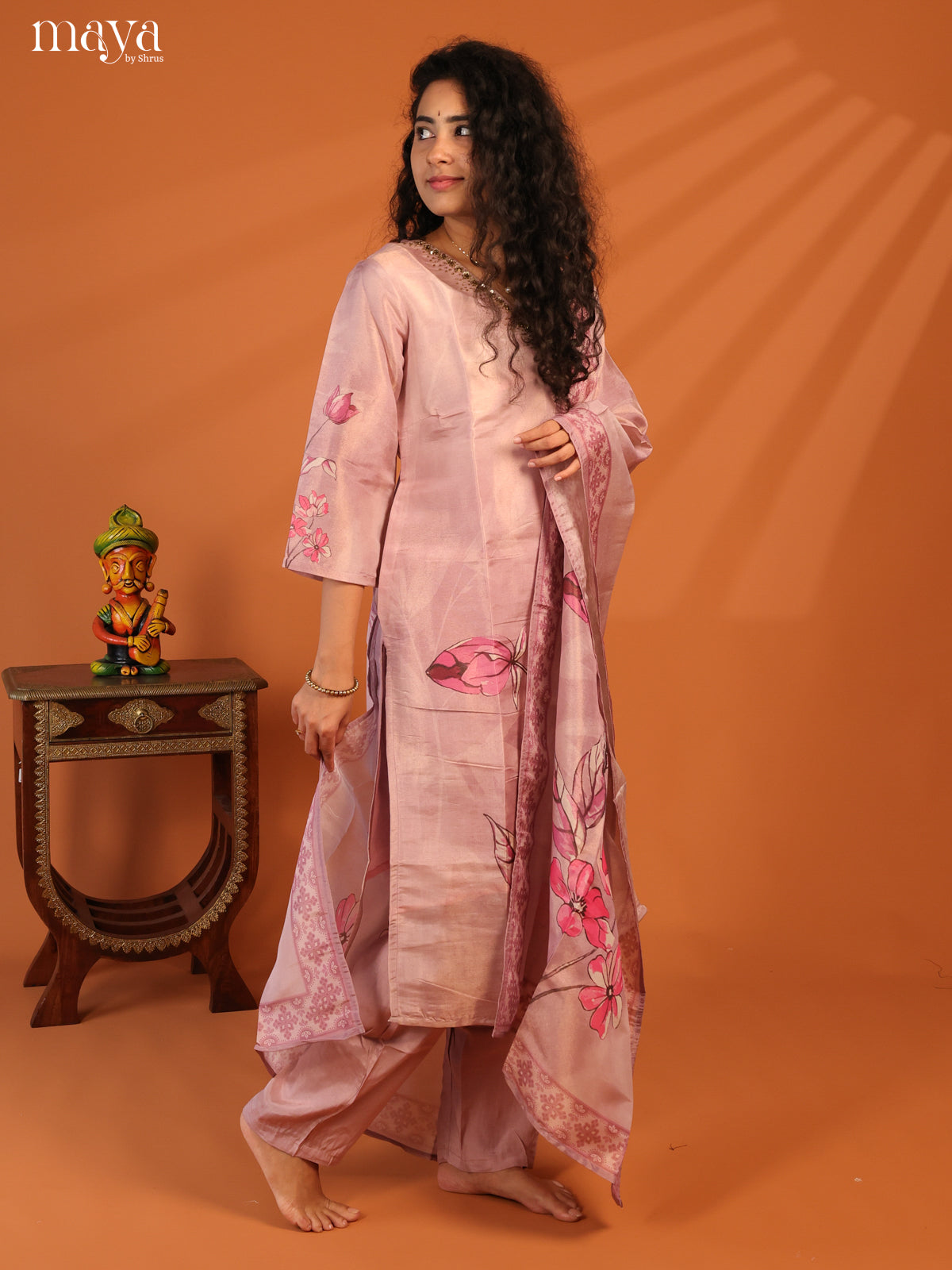 Pink Chanderi 3Pc Salwar Suit with Floral Print - Top, Bottom & Dupatta - Shop on Shrus.com