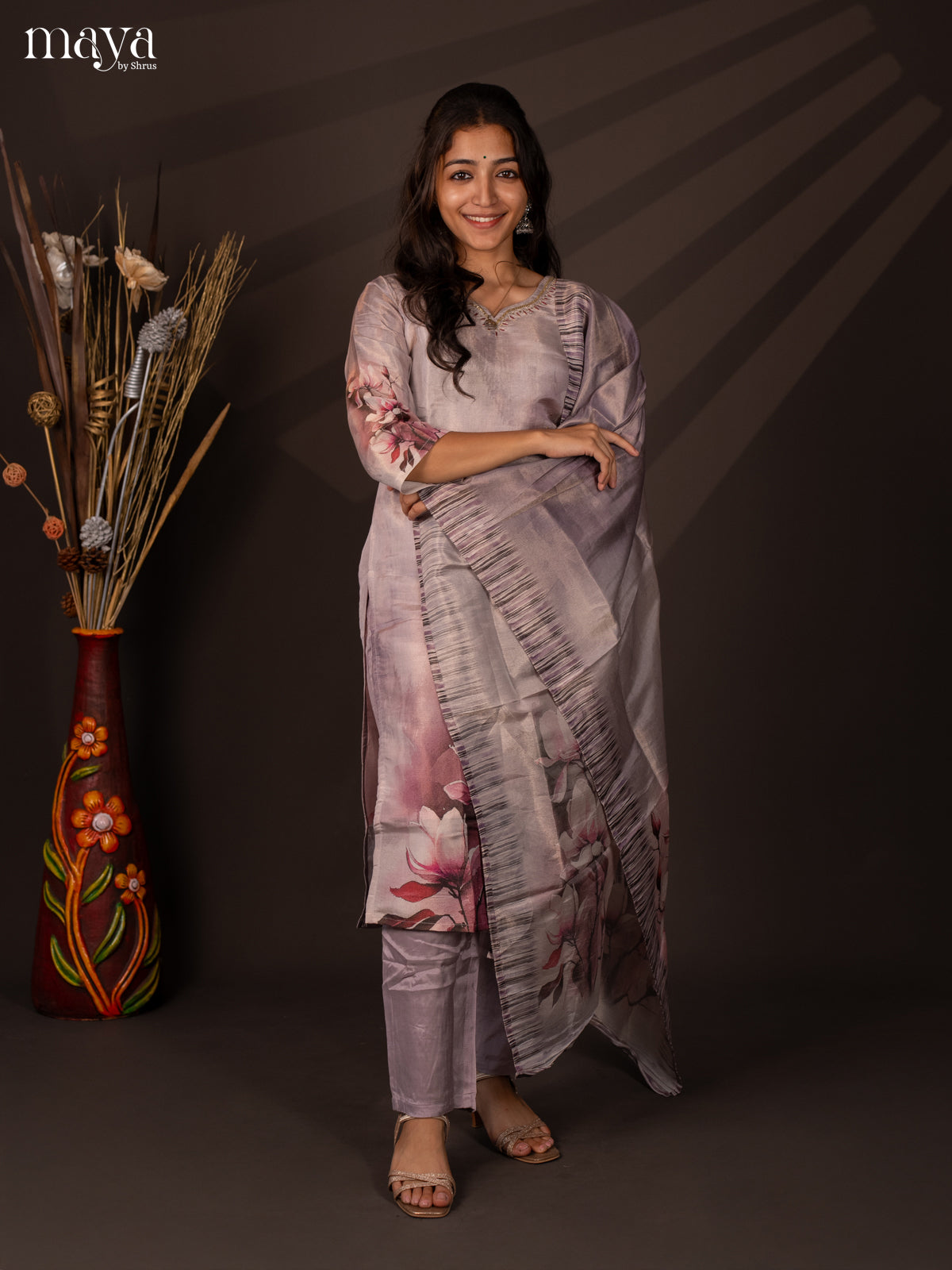 Lavender Chanderi 3Pc Salwar Suit with Floral Print - Top, Bottom & Dupatta - Shop on Shrus.com