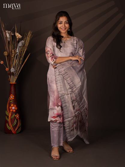 Lavender Chanderi 3Pc Salwar Suit with Floral Print - Top, Bottom & Dupatta - Shop on Shrus.com