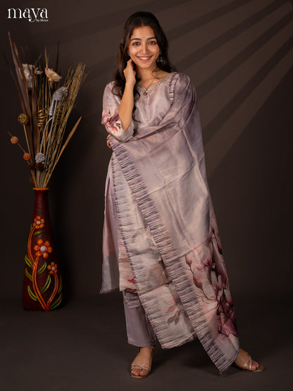 Lavender Chanderi 3Pc Salwar Suit with Floral Print - Top, Bottom & Dupatta - Shop on Shrus.com