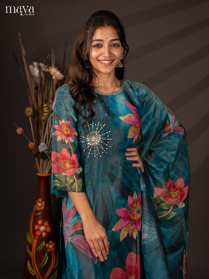 Blue Semi organza 3Pc Salwar Suit with Floral Print - Top, Bottom & Dupatta - Shop on Shrus.com