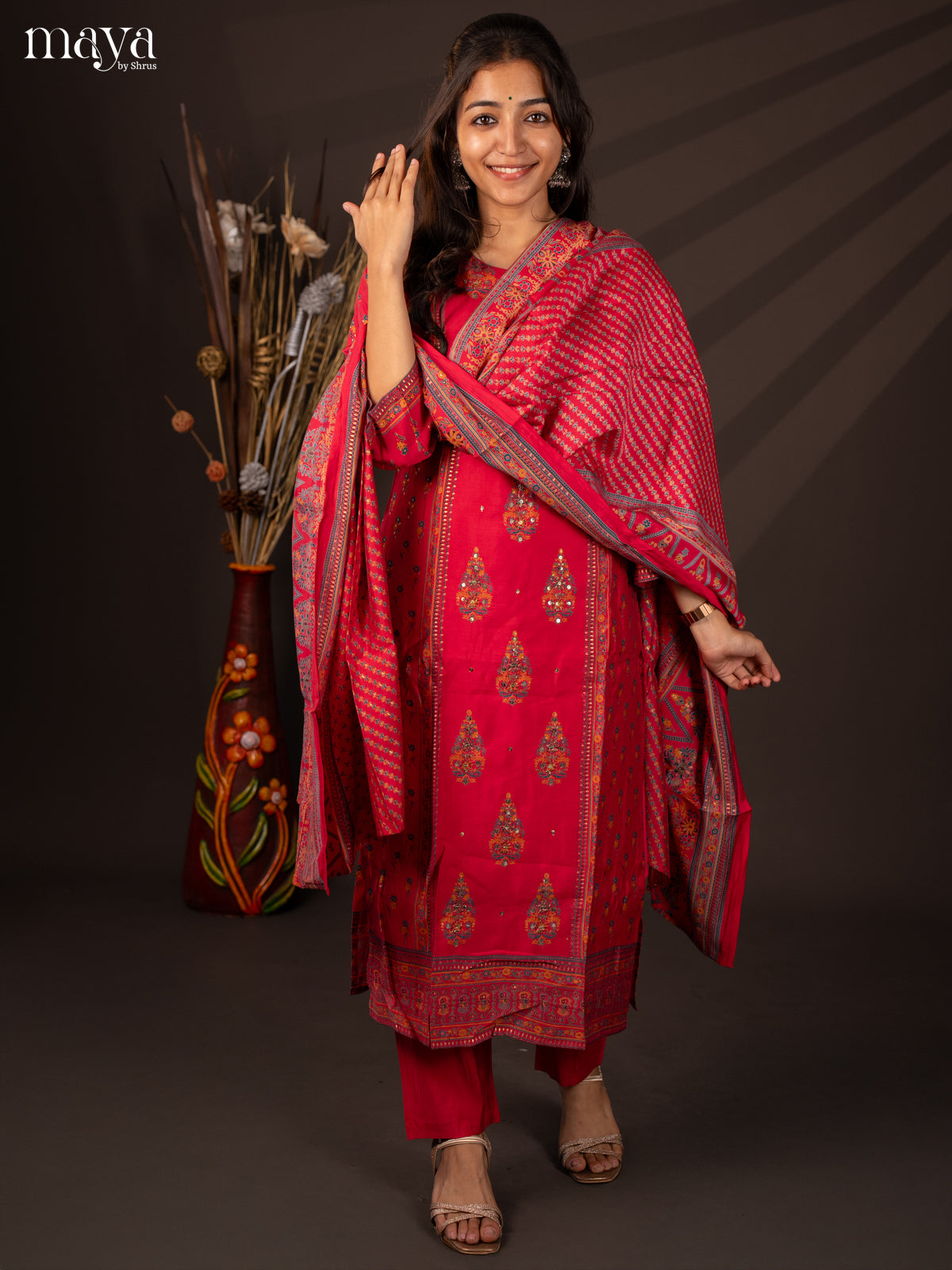 Pink Rayon 3Pc Salwar Suit with Floral Print - Top, Bottom & Dupatta - Shop on Shrus.com