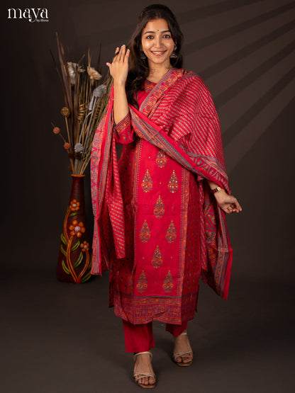 Pink Rayon 3Pc Salwar Suit with Floral Print - Top, Bottom & Dupatta - Shop on Shrus.com