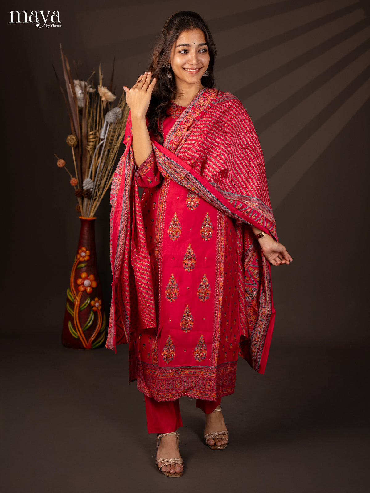 Pink Rayon 3Pc Salwar Suit with Floral Print - Top, Bottom & Dupatta - Shop on Shrus.com