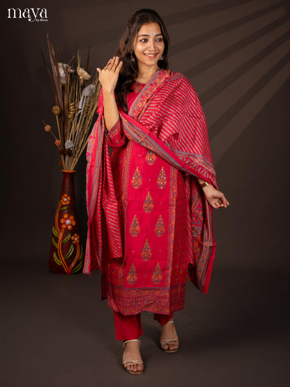 Pink Rayon 3Pc Salwar Suit with Floral Print - Top, Bottom & Dupatta - Shop on Shrus.com