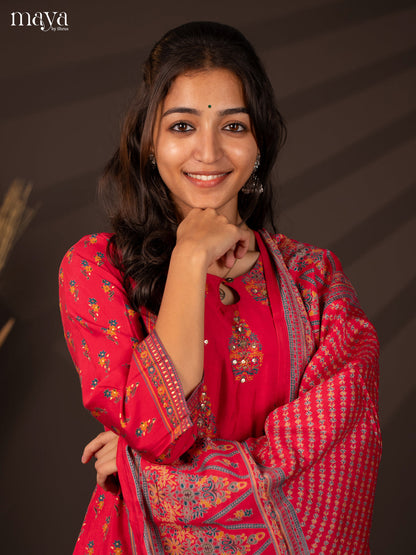 Pink Rayon 3Pc Salwar Suit with Floral Print - Top, Bottom & Dupatta - Shop on Shrus.com