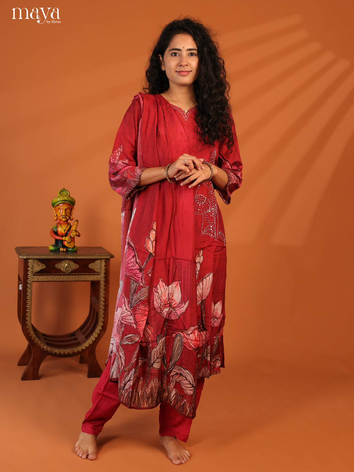 Red Rayon 3Pc Salwar Suit with Floral Print - Top, Bottom & Dupatta - Shop on Shrus.com