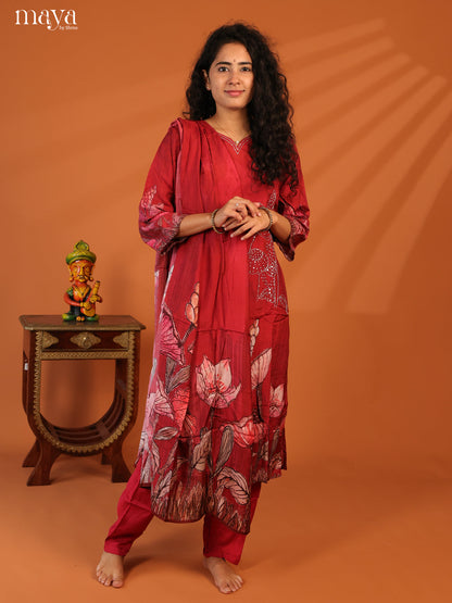 Red Rayon 3Pc Salwar Suit with Floral Print - Top, Bottom & Dupatta - Shop on Shrus.com