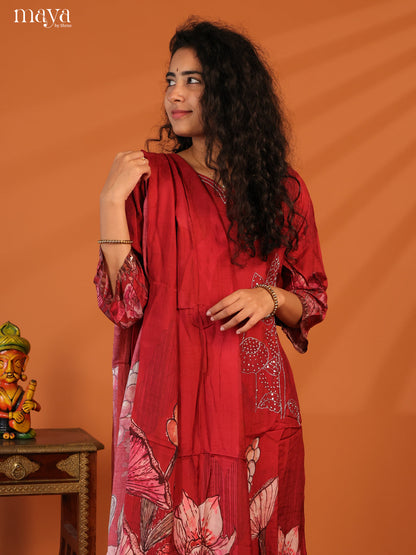 Red Rayon 3Pc Salwar Suit with Floral Print - Top, Bottom & Dupatta - Shop on Shrus.com