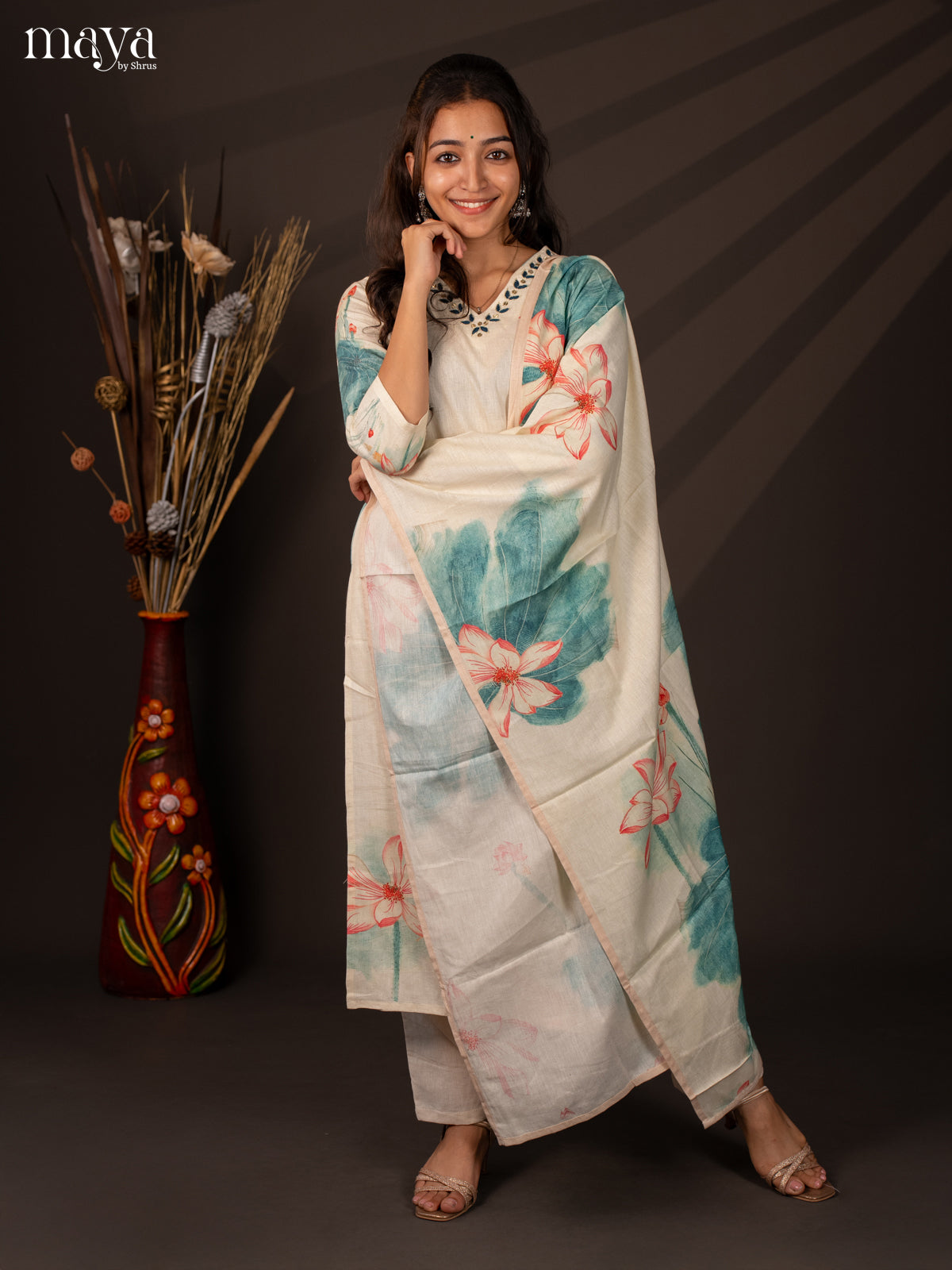 Cream Cotton 3Pc Salwar Suit With Floral Print - Top , Bottom & Dupatta - Shop on Shrus.com