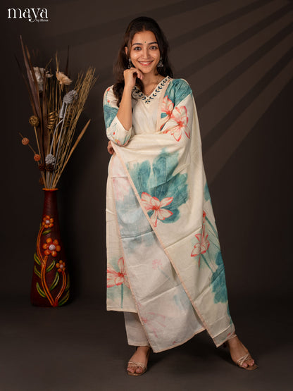 Cream Cotton 3Pc Salwar Suit With Floral Print - Top , Bottom & Dupatta - Shop on Shrus.com