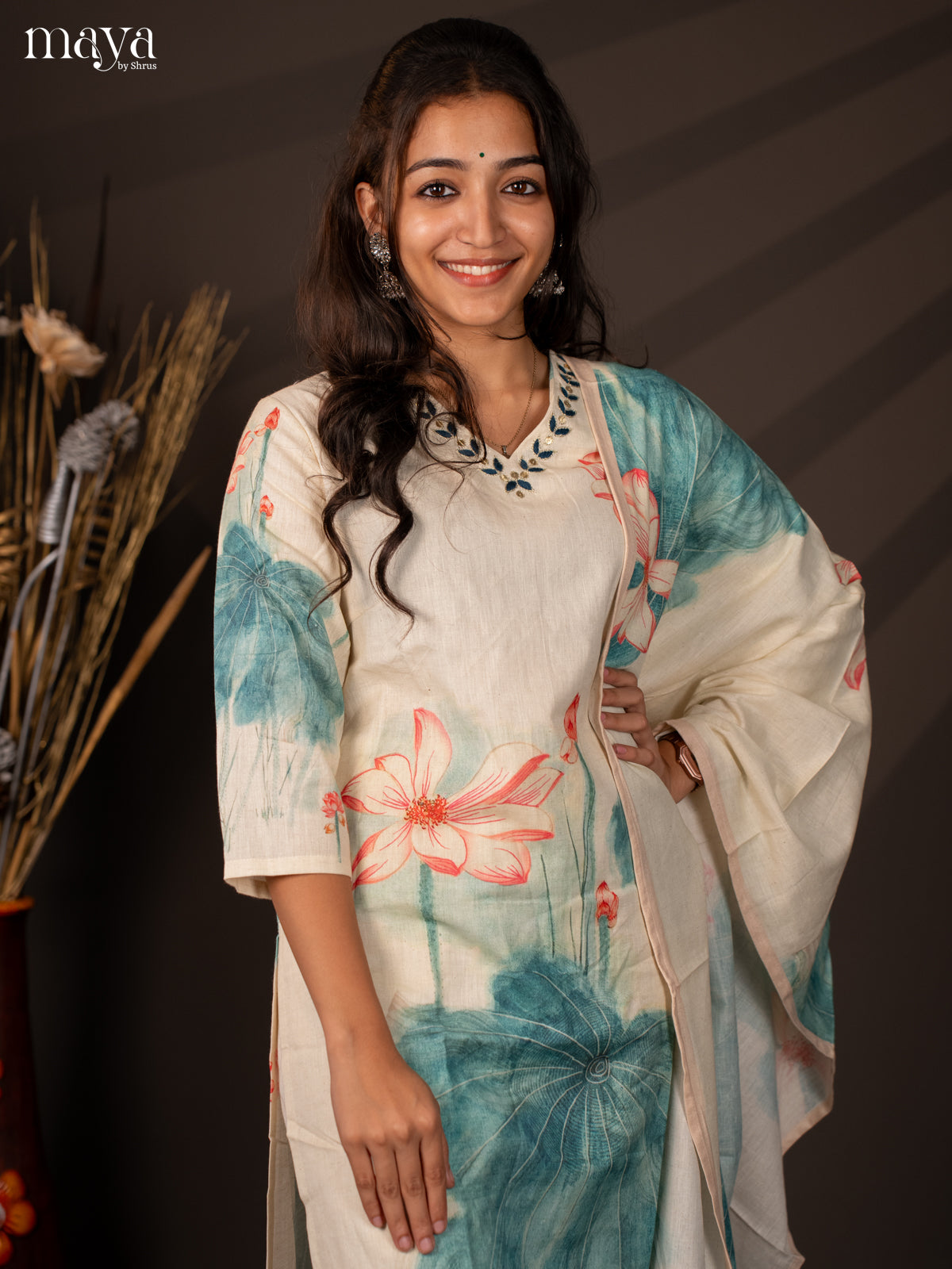 Cream Cotton 3Pc Salwar Suit With Floral Print - Top , Bottom & Dupatta - Shop on Shrus.com
