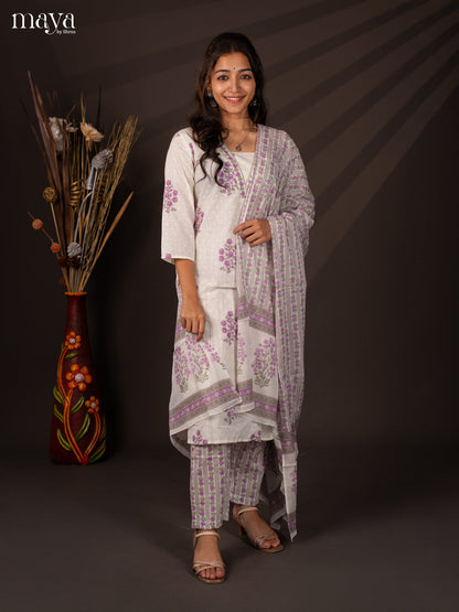 Cream Cotton 3Pc Salwar Suit With Floral Print - Top , Bottom & Dupatta - Shop on Shrus.com