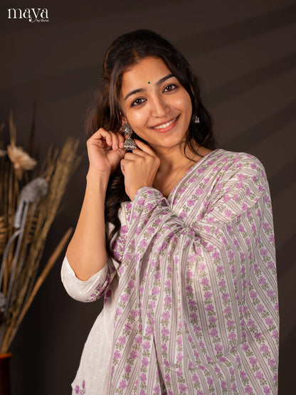 Cream Cotton 3Pc Salwar Suit With Floral Print - Top , Bottom & Dupatta - Shop on Shrus.com