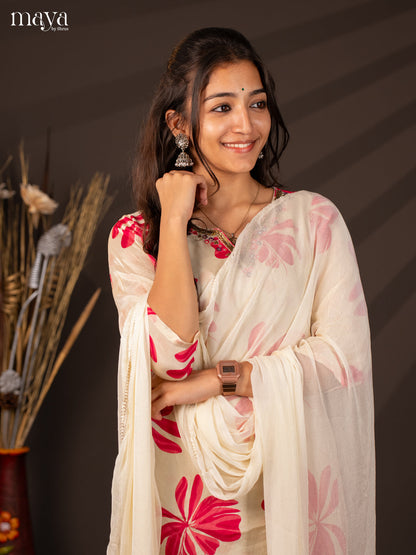 Cream Semi Georgette 3Pc Salwar Suit With Floral Print - Top ,Bottom & Dupatta - Shop on Shrus.com