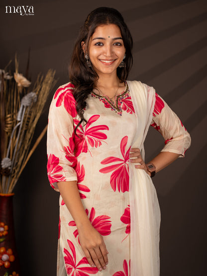 Cream Semi Georgette 3Pc Salwar Suit With Floral Print - Top ,Bottom & Dupatta - Shop on Shrus.com