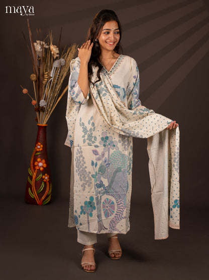 Cream Cotton 3Pc Salwar Suit With Floral Print - Top , Bottom & Dupatta - Shop on Shrus.com